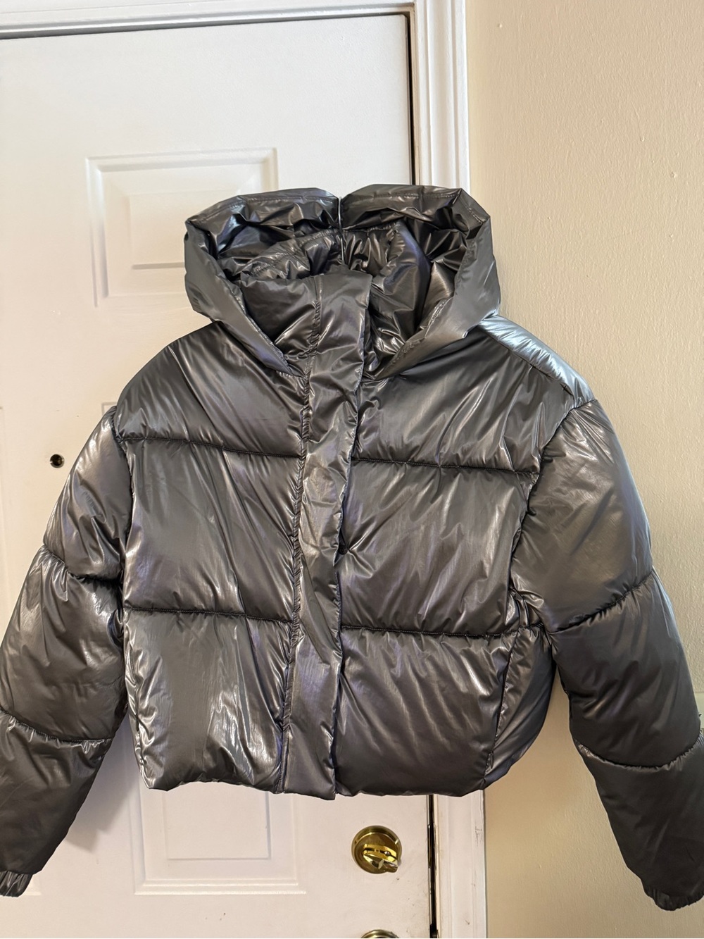 Zara Metallic Charcoal Hooded Puffer Jacket
